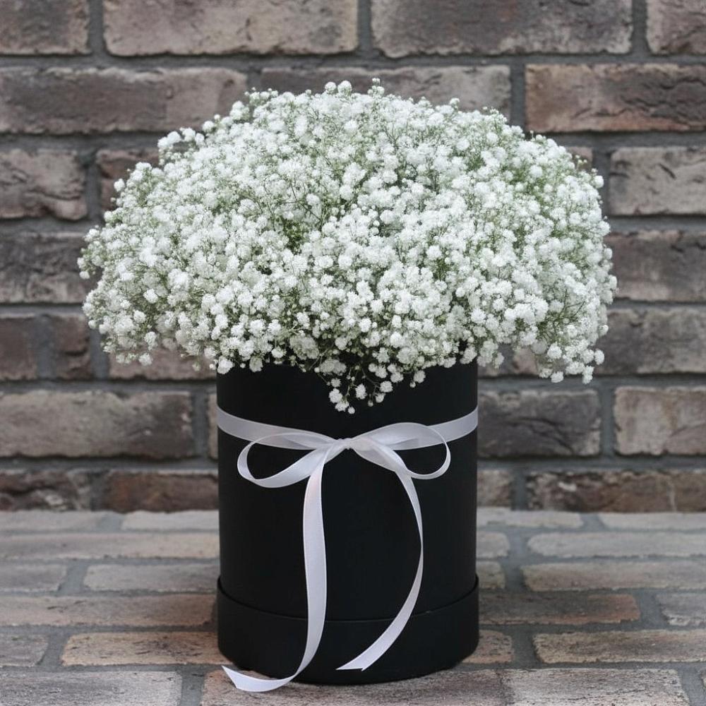 Цветочная композиция из Гипсофила в шляпной коробке в Сергеевке