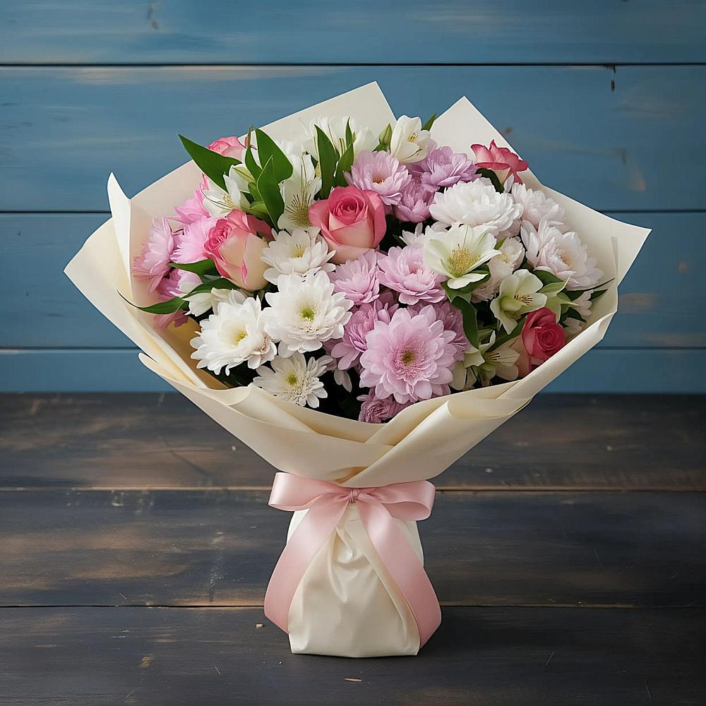 Букет цветов из: Хризантемы, Альстромерии и Розы в Сергеевке